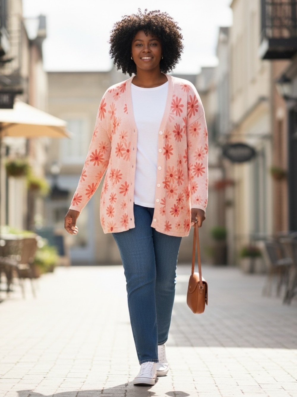 Floral Pink Button-Front Silk Cardigan Sweater 1X - Picture 2 of 7